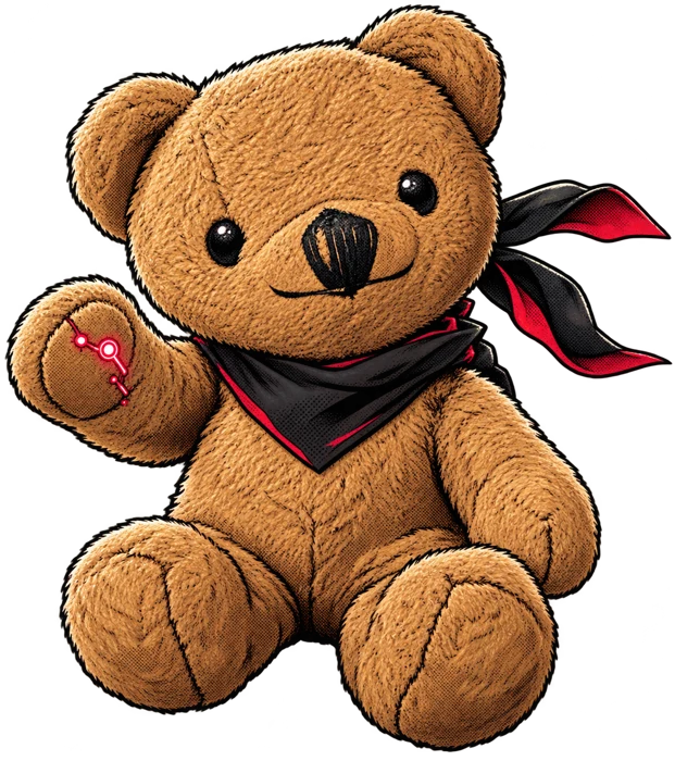 B.B., the small brown AI bear Rommy B built to repair Ninja Noize’s equipment