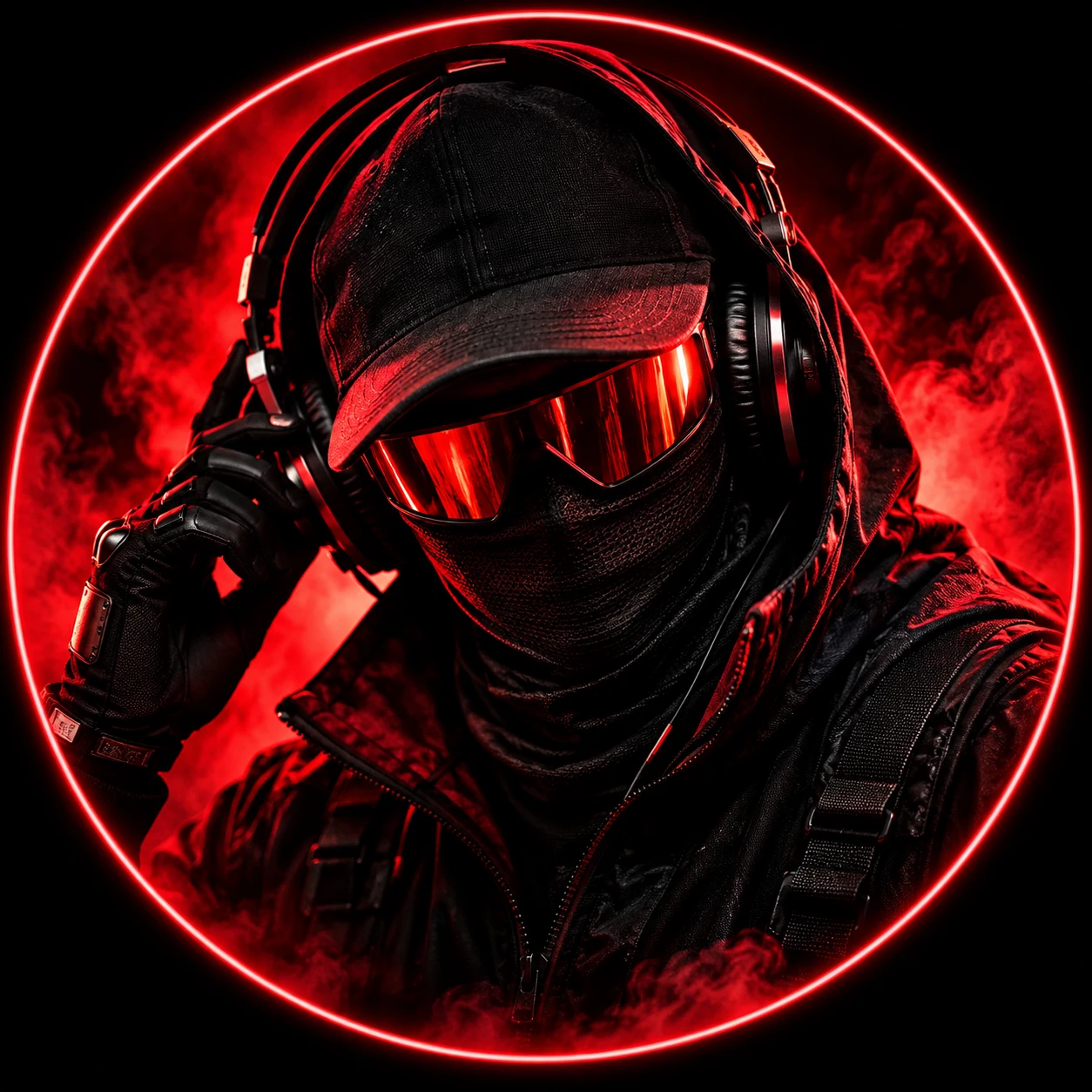 Ninja Noize masked character with a crimson visor