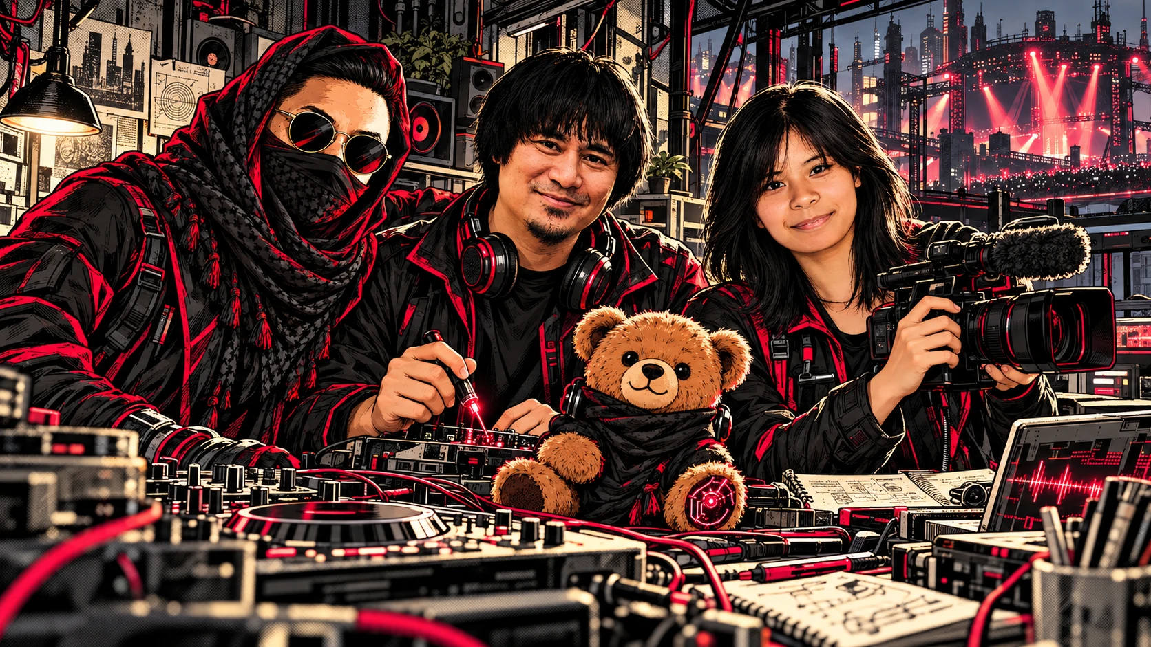 The fictional team reunites: masked Ninja Noize, DJ Rommy B the inventor, R0JI with her camera, and the little AI bear B.B.