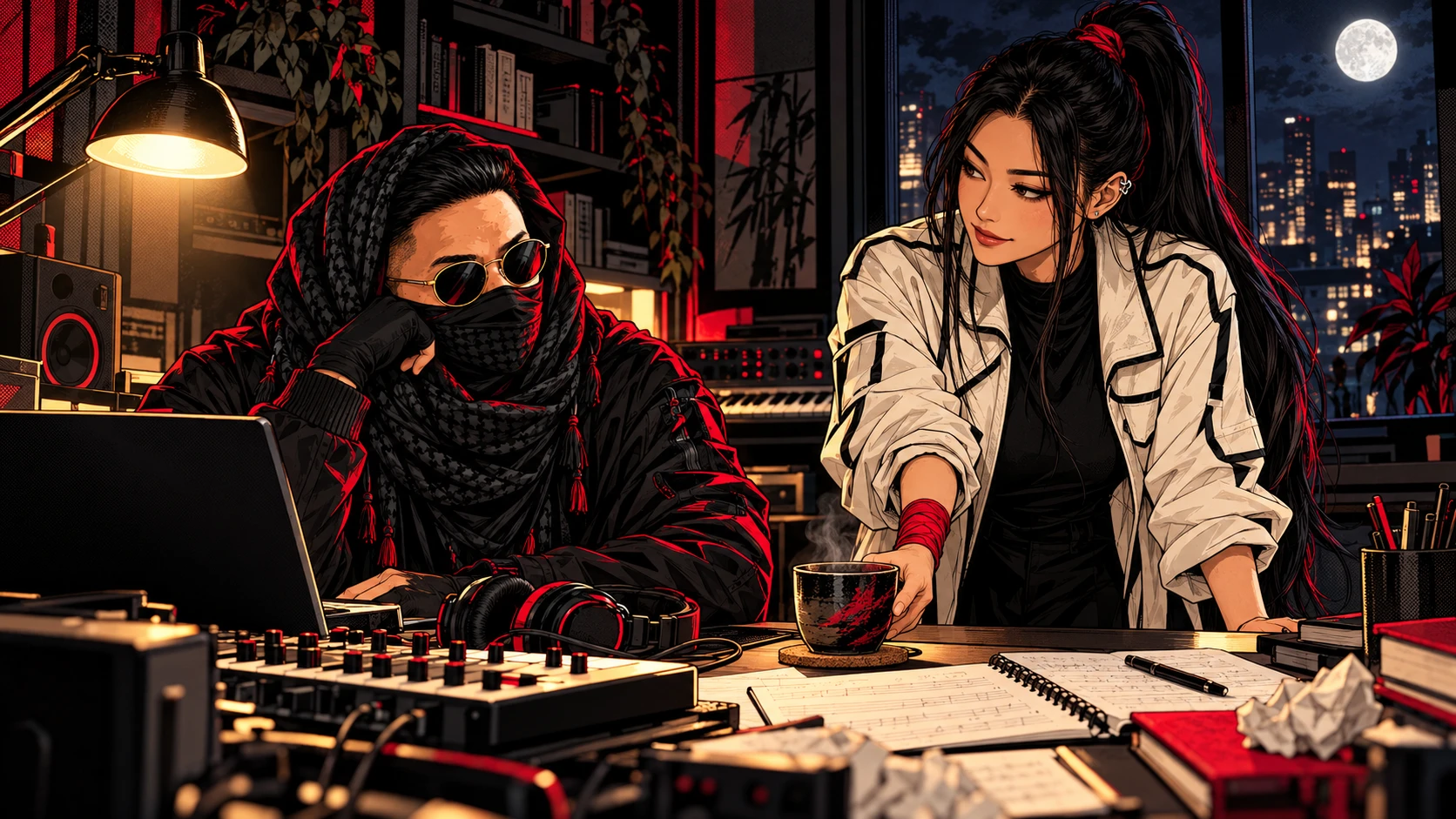 Fictional Yuna quietly supports masked Ninja Noize during a late night of making music